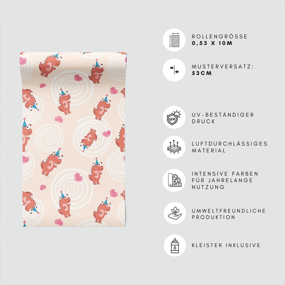 Tapeta - dziecięca, dinozaury, serca,