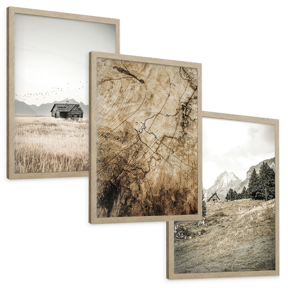 Zestaw obrazy w ramie, plakaty - krajobraz, natura, dom - rama drewno