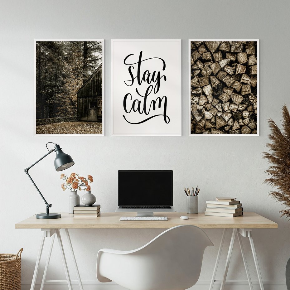 Zestaw obrazy w ramie, plakaty - drewno,domek,las - rama biała