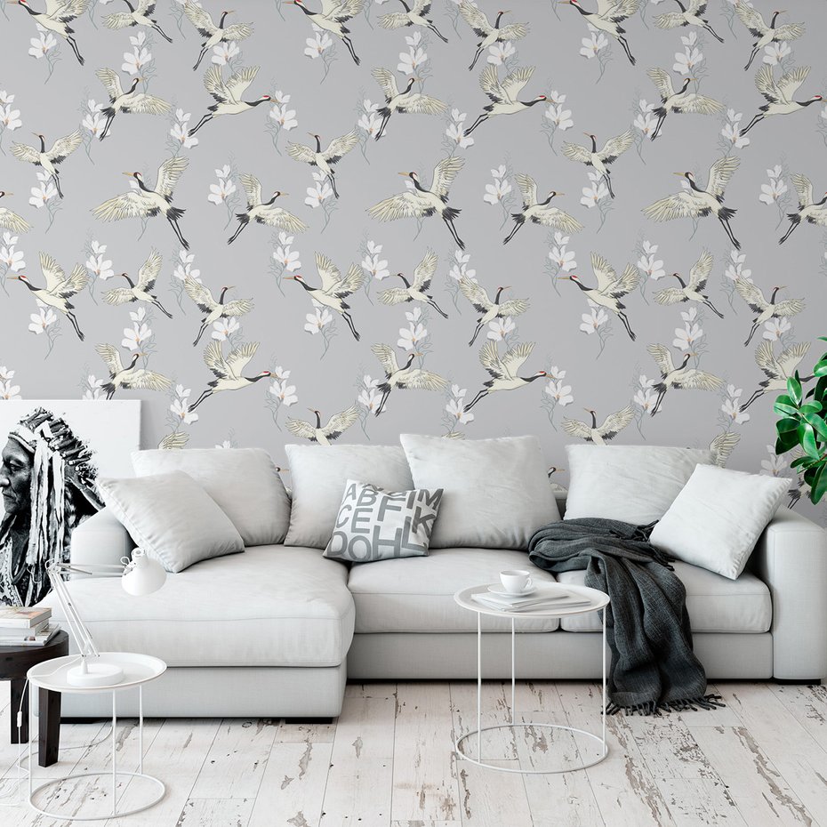 Tapeta - żurawie, kwiaty, wzór