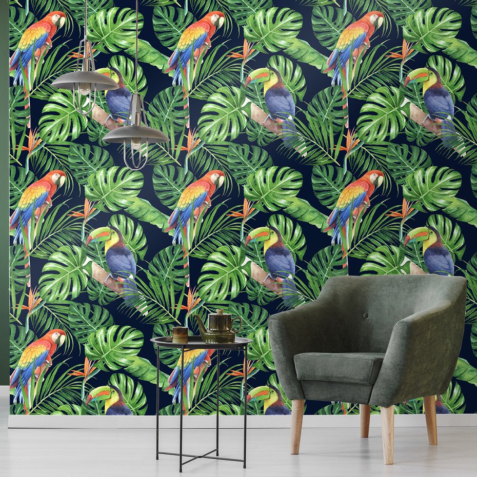 Tapeta - liście, papuga, tukan