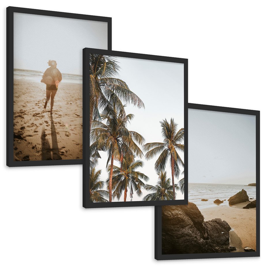 Zestaw obrazy w ramie, plakaty - plaża, palmy, morze - rama czarna