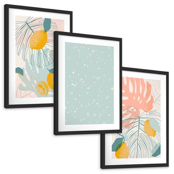 Zestaw obrazy w ramie, plakaty - liście, cytryny, abstrakcja - rama czarna