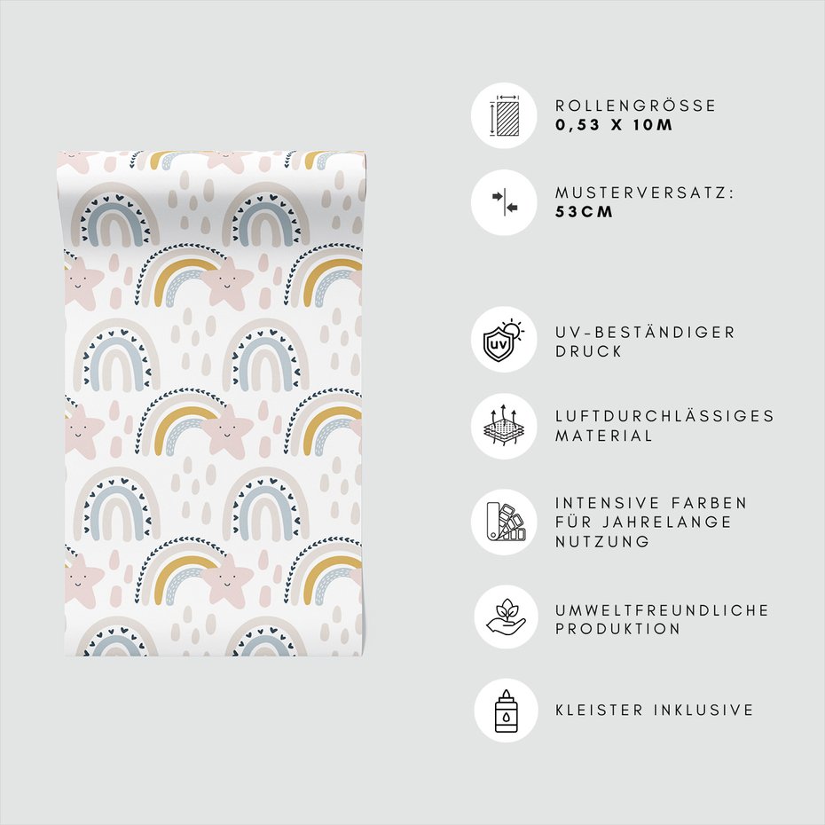 Tapeta - dziecięca, tęcza, gwiazda, krople