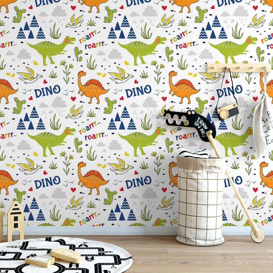 Tapeta - dziecięca, dinozaury, wzór, kaktusy