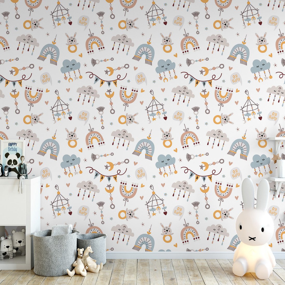 Tapeta - dziecięca, królik, chmura, tęcza