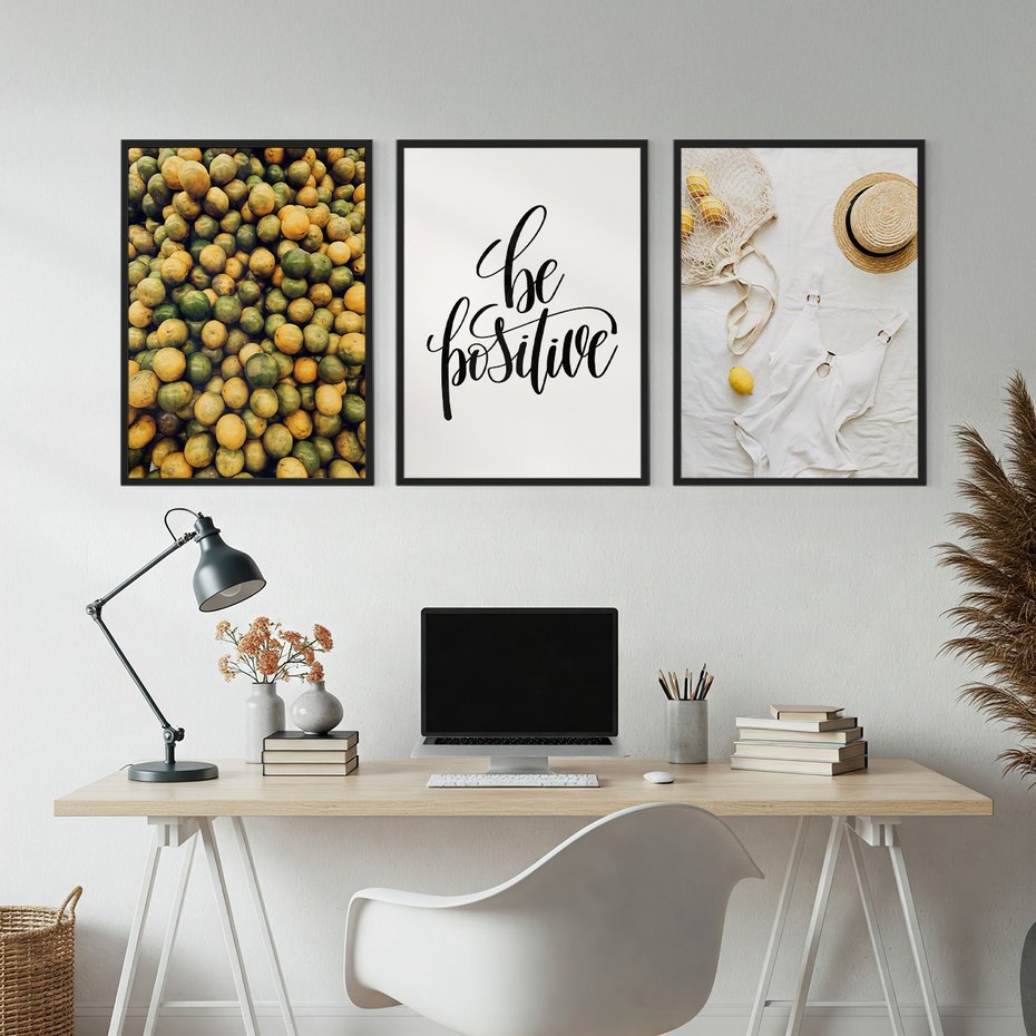 Zestaw obrazy w ramie, plakaty - owoce, cytryny, pozytywne - rama czarna