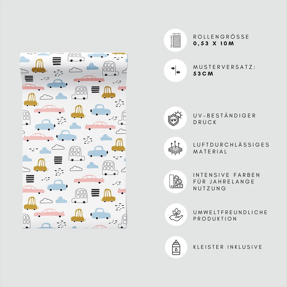 Tapeta - dziecięca, samochody, chmury, kreski