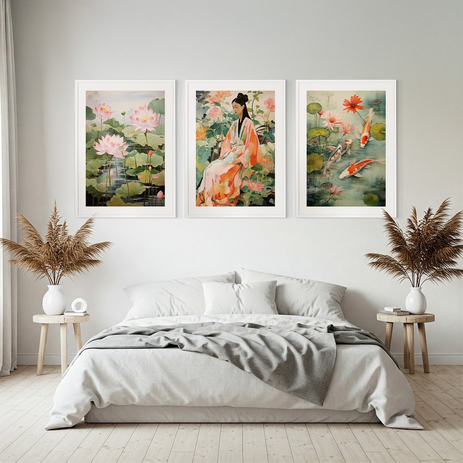 Zestaw obrazy w ramie, plakaty - kwiaty lotosu, ryby koi, azjatycka kobieta - rama biała