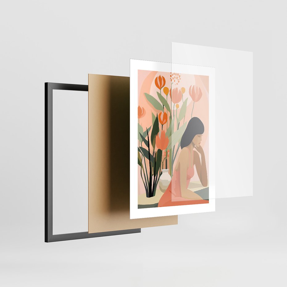 Zestaw obrazy w ramie, plakaty - kobieta, kwiaty, liście - rama czarna