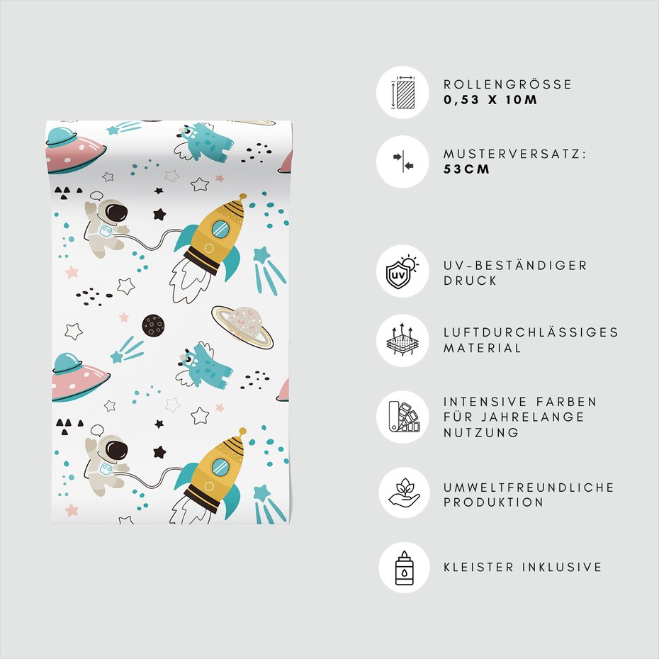 Tapeta - dziecięca, kosmos, rakieta, gwiazdy