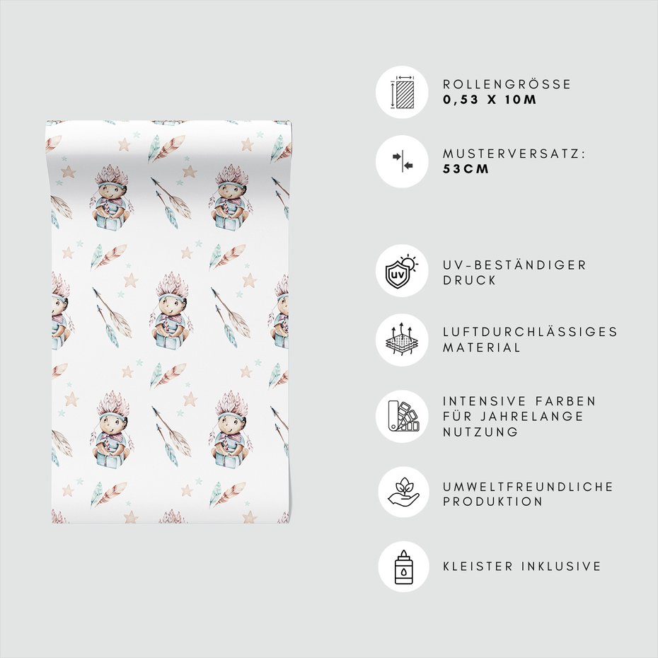 Tapeta - dziecięca, indianin, pióra, gwiazdy