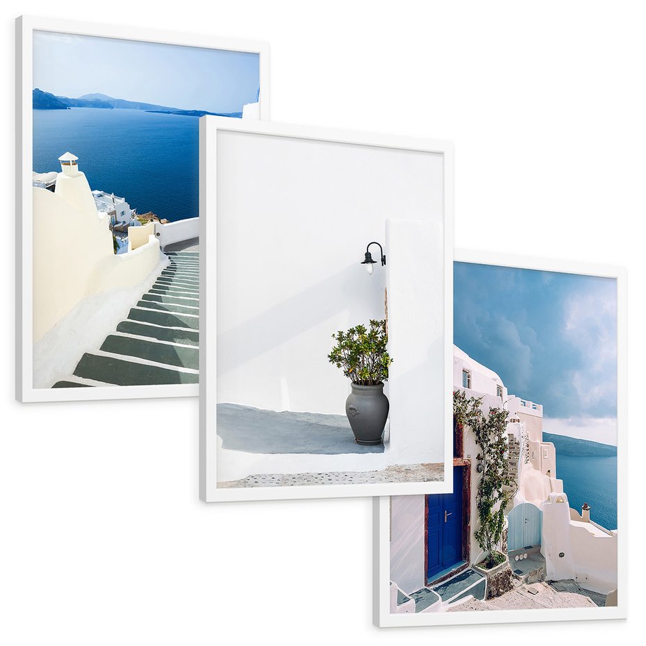Zestaw obrazy w ramie, plakaty - Santorini, architektura, morze - rama biała