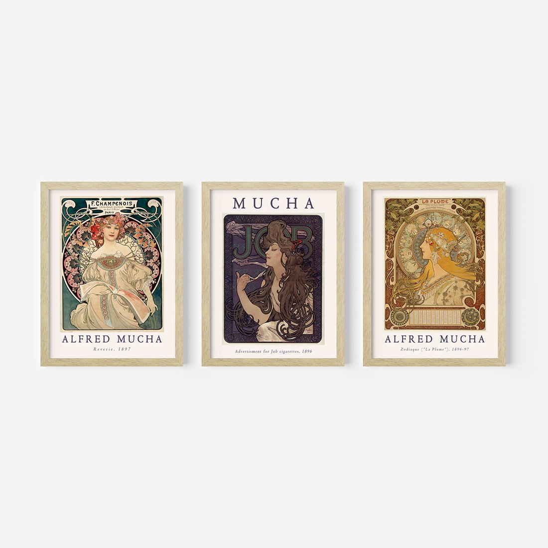 Zestaw obrazy w ramie, plakaty - Mucha, secesja, artystyczne - rama drewno
