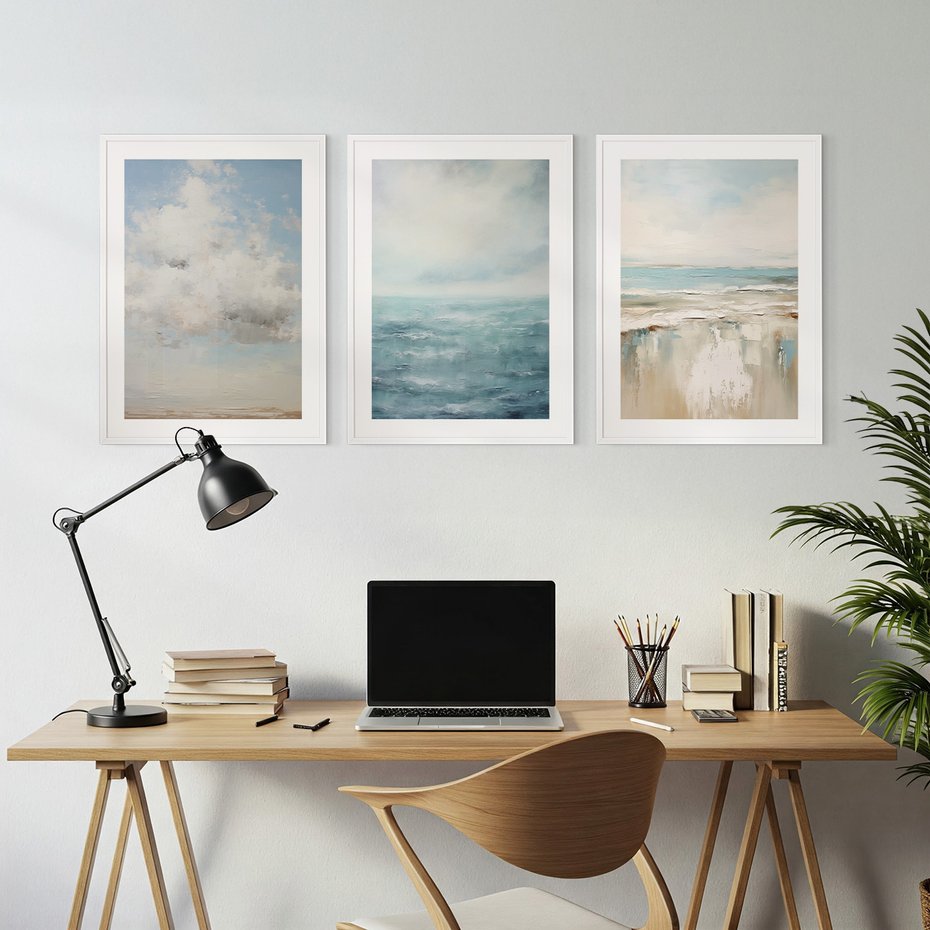 Zestaw obrazy w ramie, plakaty - morze, chmury, abstrakcja - rama biała