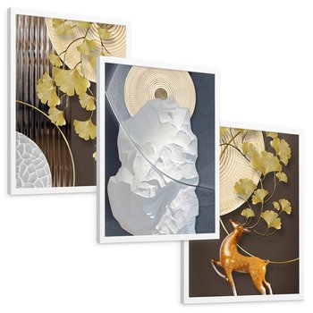 Zestaw obrazy w ramie, plakaty - złoty, liście, abstrakcja - rama biała