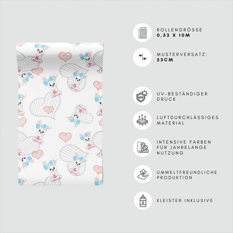 Tapeta - dziecięca, królik, serce, kokarda