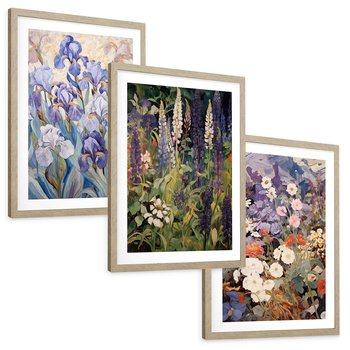 Zestaw obrazy w ramie, plakaty - kwiaty, irysy, rośliny - rama drewno
