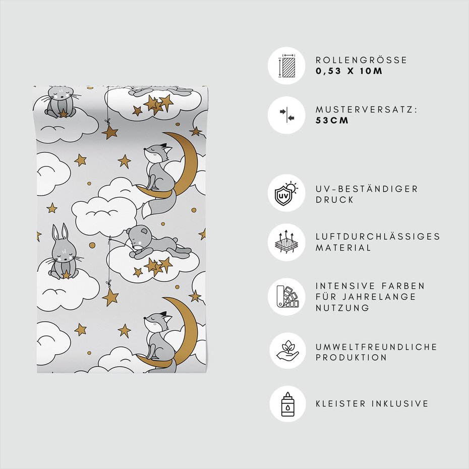 Tapeta - dziecięca, królik, chmury, gwiazdy