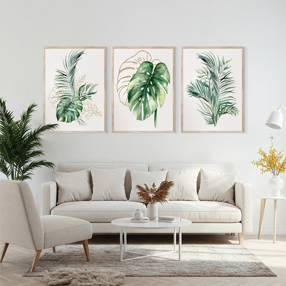 Zestaw obrazy w ramie, plakaty - liście, monstera, rośliny - rama drewno