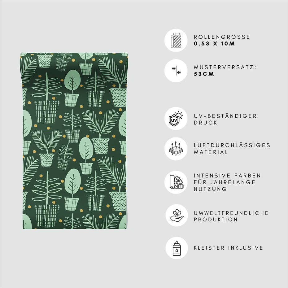 Tapeta - liście, doniczki, kropki