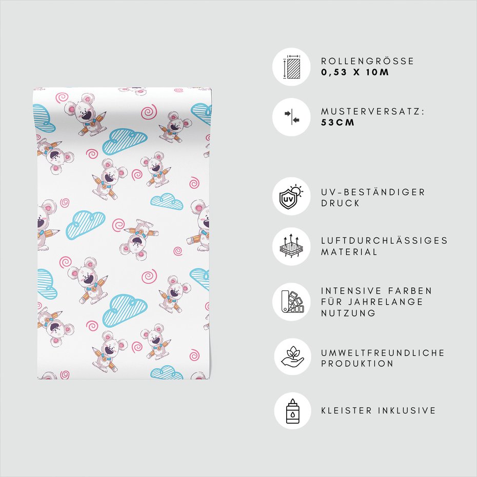 Tapeta - dziecięca, myszy, chmury, spirale