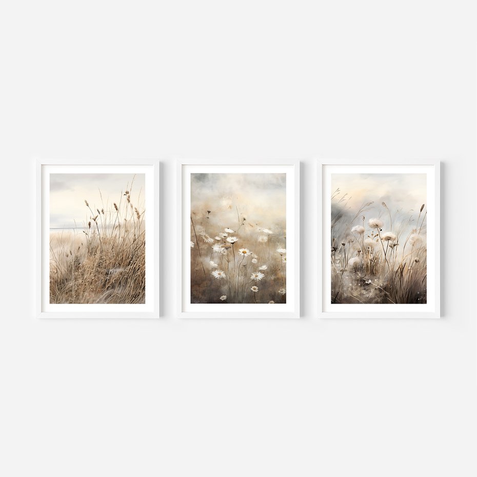 Zestaw obrazy w ramie, plakaty - kwiaty, trawa, delikatne - rama biała