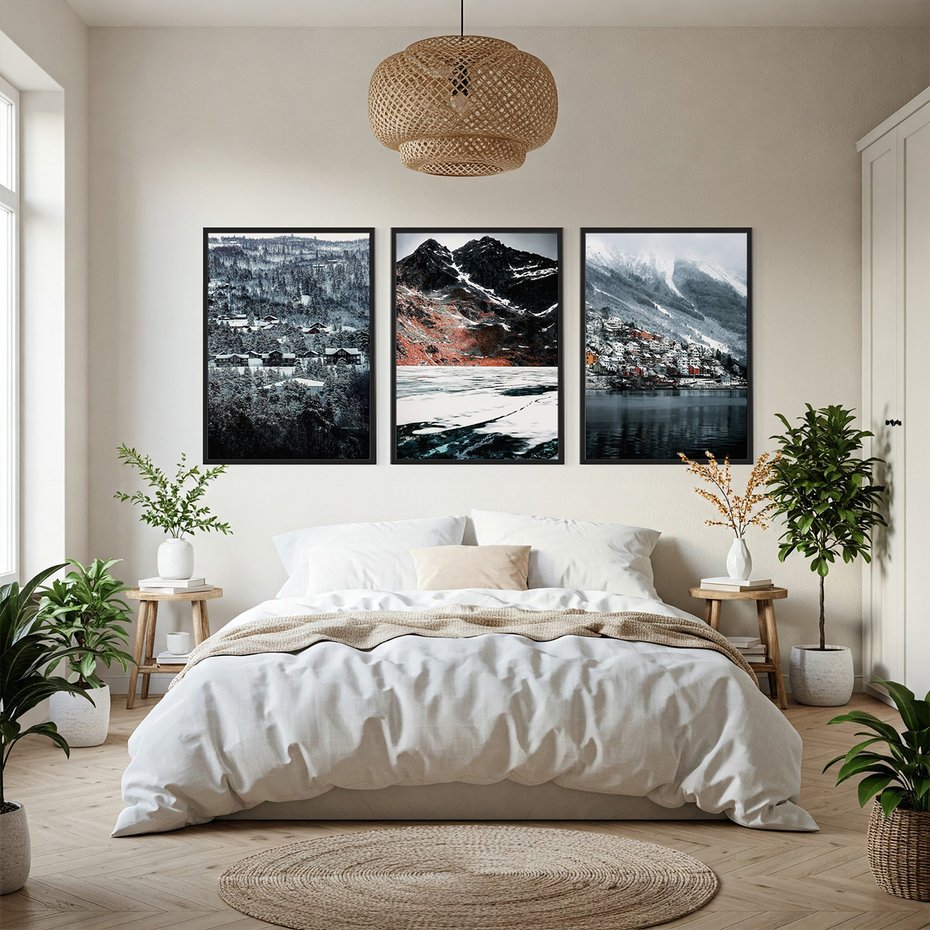 Zestaw obrazy w ramie, plakaty - śnieg, góry, zima - rama czarna