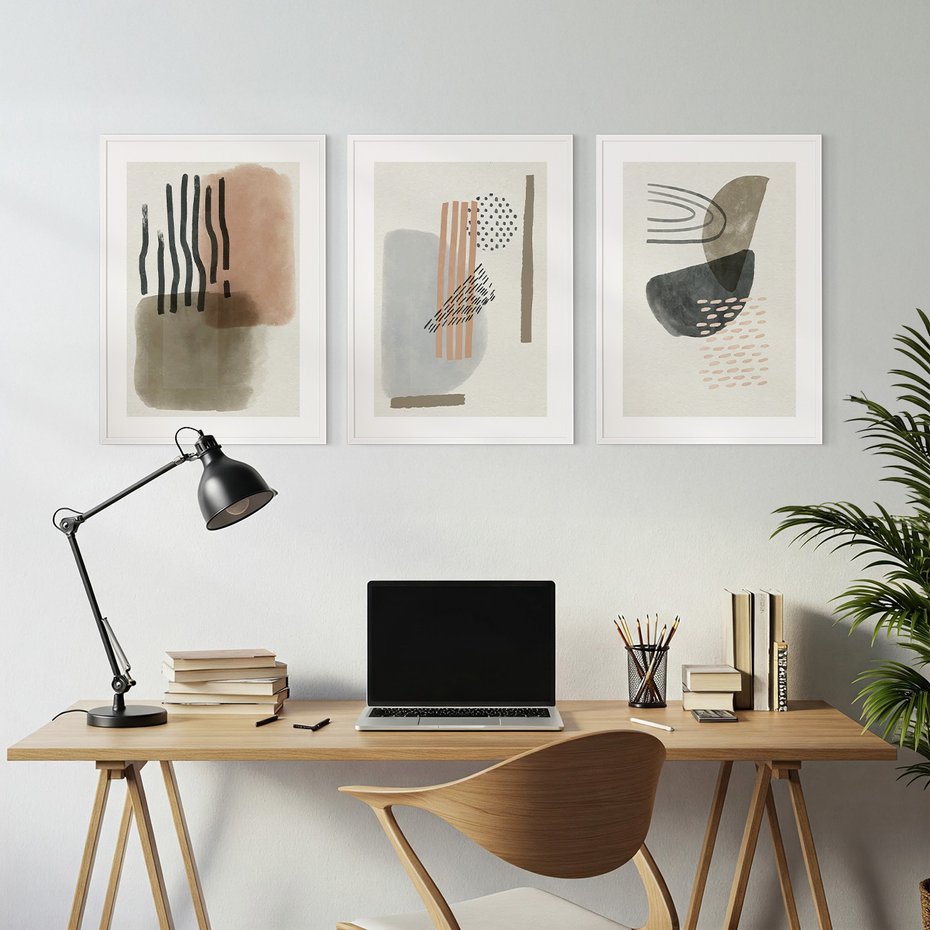 Zestaw obrazy w ramie, plakaty - abstrakcja, geometria, kształty - rama biała