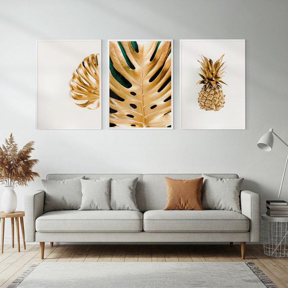 Zestaw obrazy w ramie, plakaty - złoty, liść, ananas - rama biała