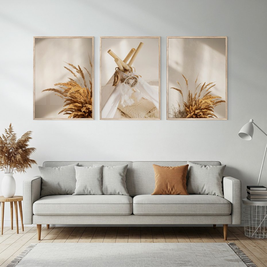 Zestaw obrazy w ramie, plakaty - trawa, dekoracja, pióra - rama drewno