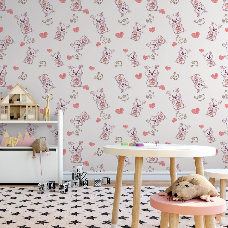 Tapeta - dziecięca, myszy, ptaki, serca
