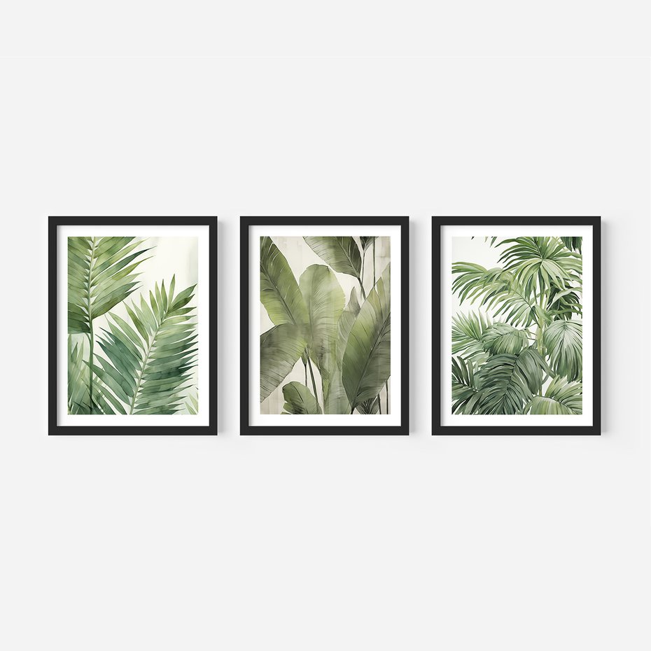 Zestaw obrazy w ramie, plakaty - liście, tropikalny, rośliny - rama czarna