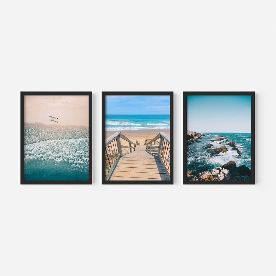 Zestaw obrazy w ramie, plakaty - plaża, morze, woda - rama czarna