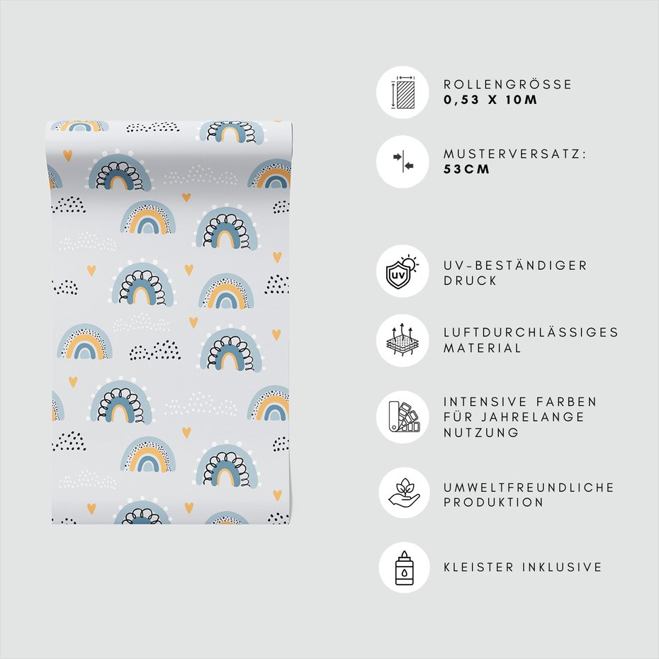 Tapeta - dziecięca, tęcza, chmura, serce