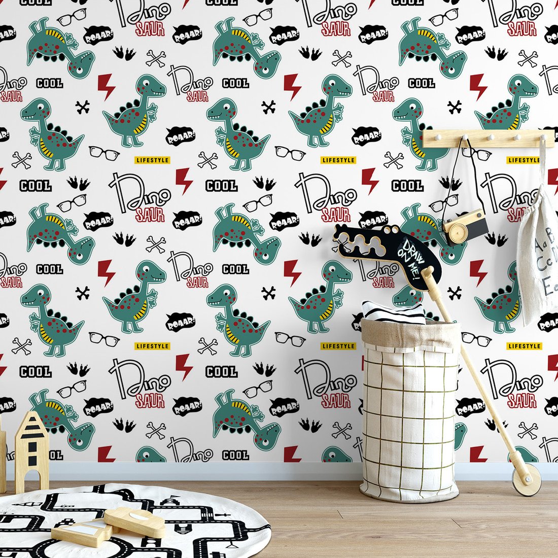 Tapeta - dziecięca, dinozaury, okulary, napisy