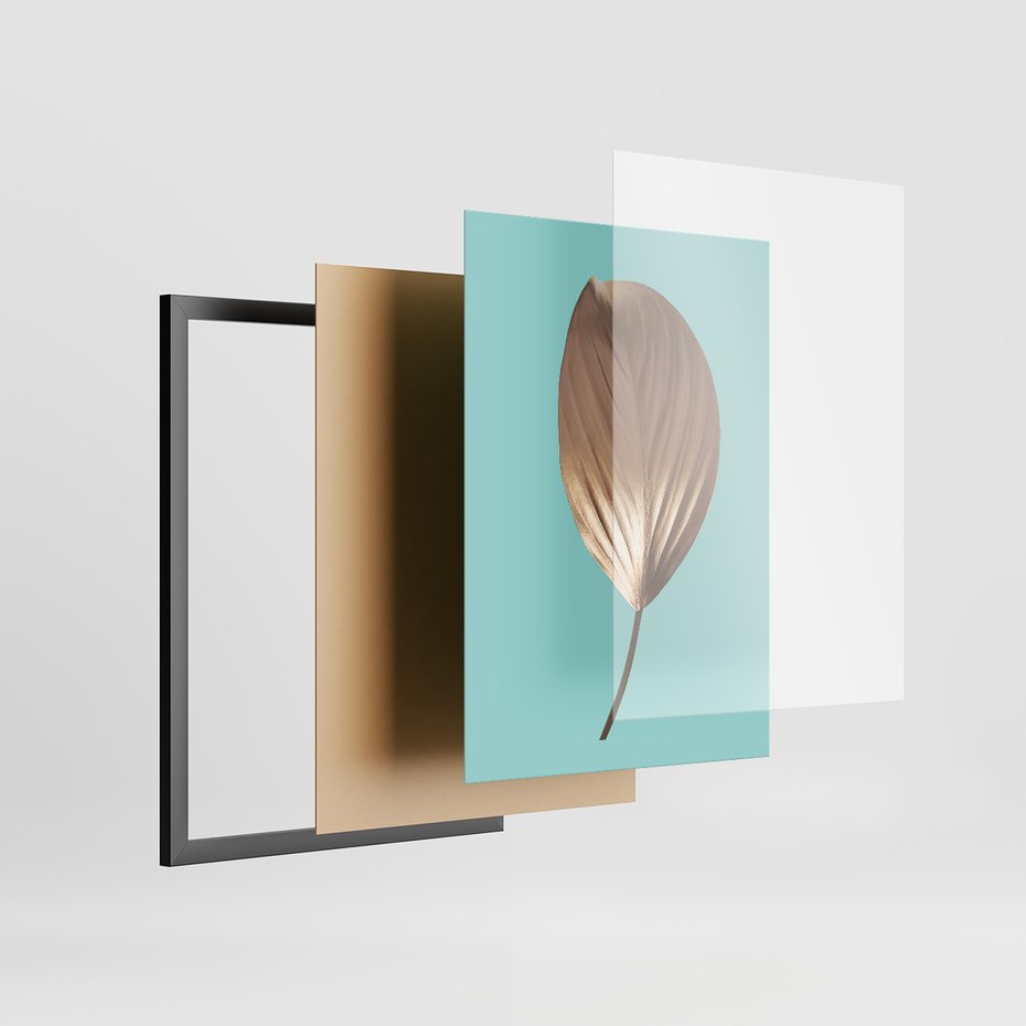 Zestaw obrazy w ramie, plakaty - liście, złoto, roślina - rama czarna