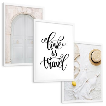 Zestaw obrazy w ramie, plakaty - podróż, cytryny, drzwi - rama biała