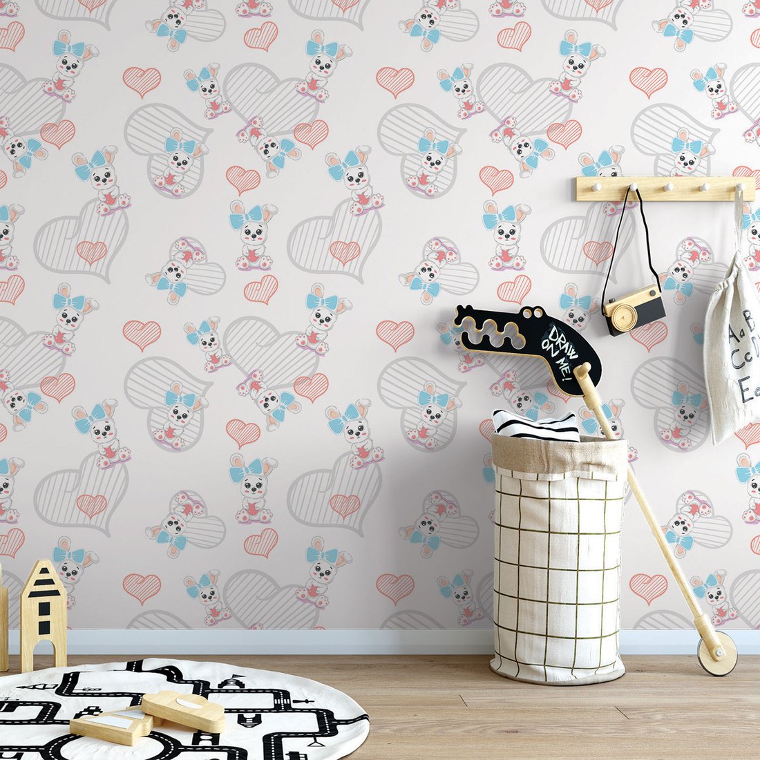 Tapeta - dziecięca, królik, serce, kokarda