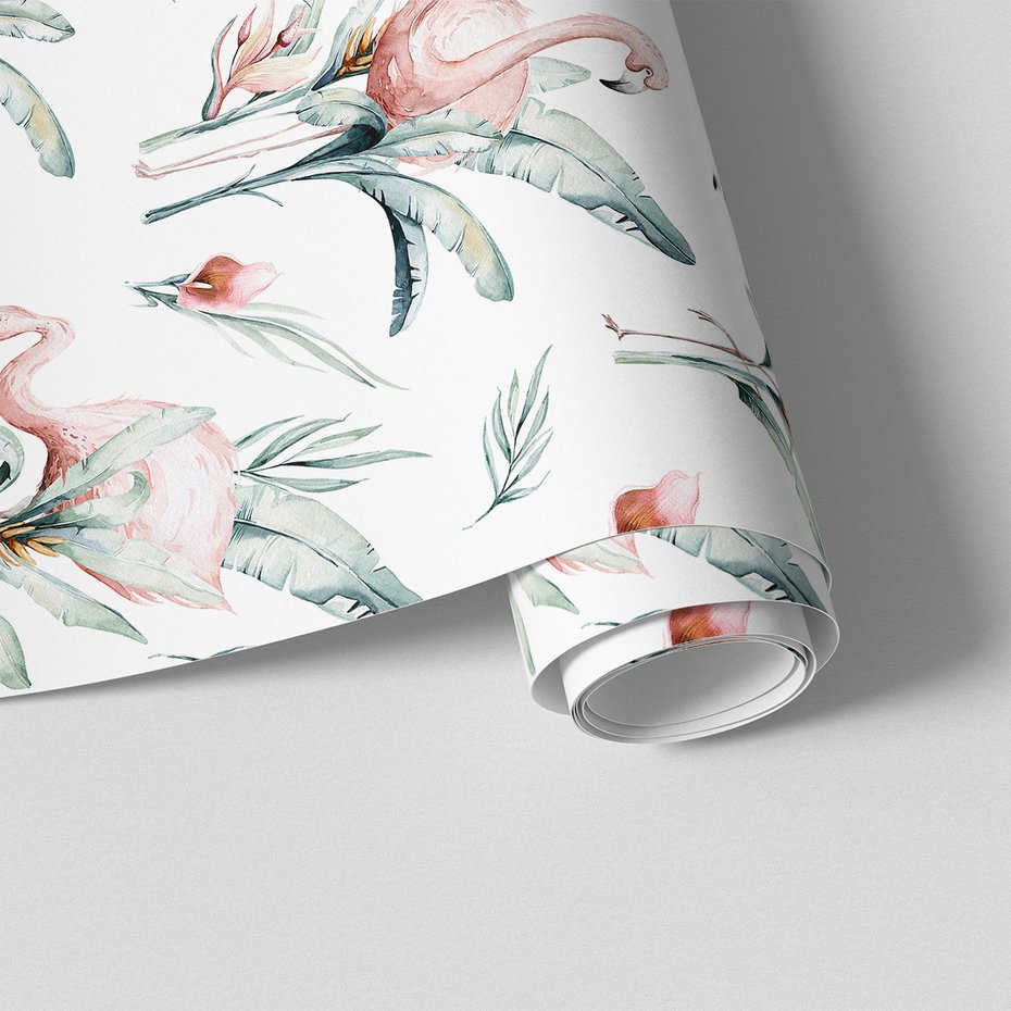 Tapeta - flamingo, liście, kwiaty