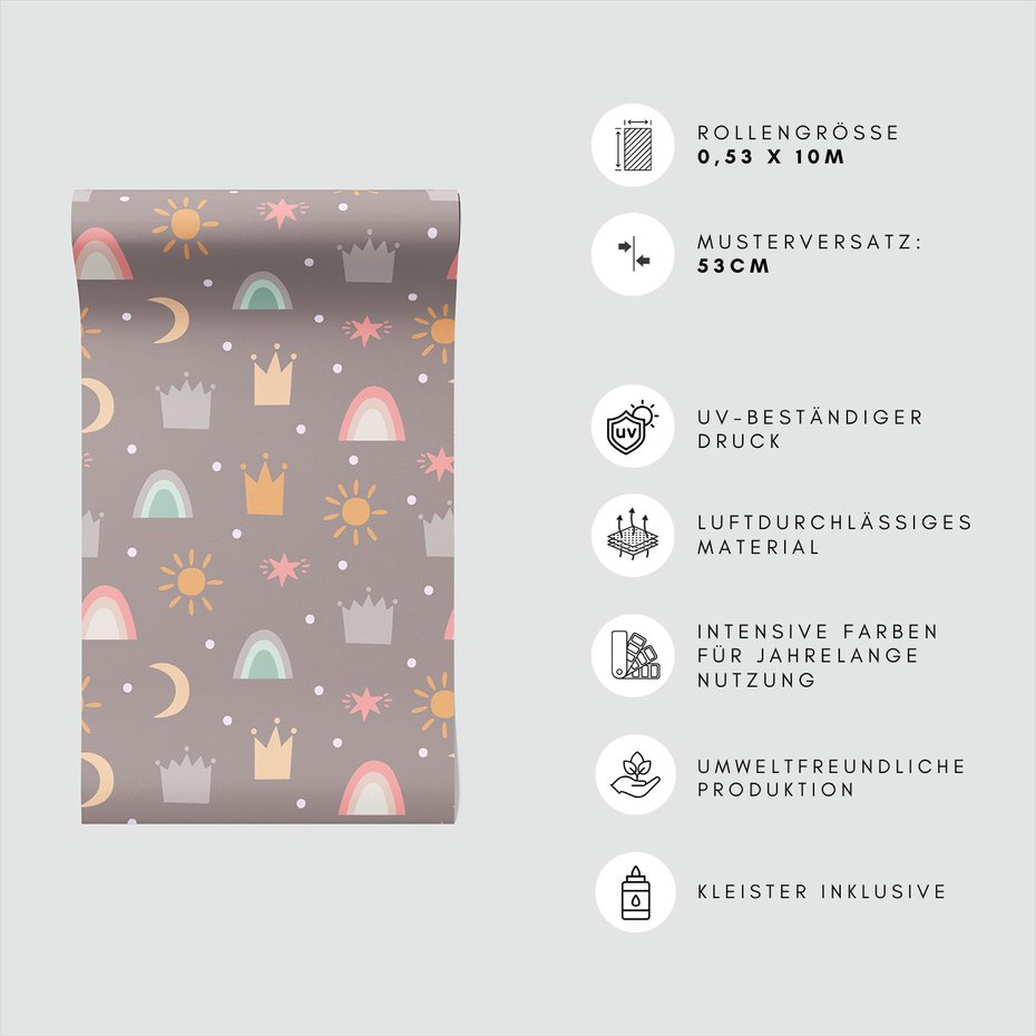 Tapeta - dziecięca, korona, słońce, tęcza