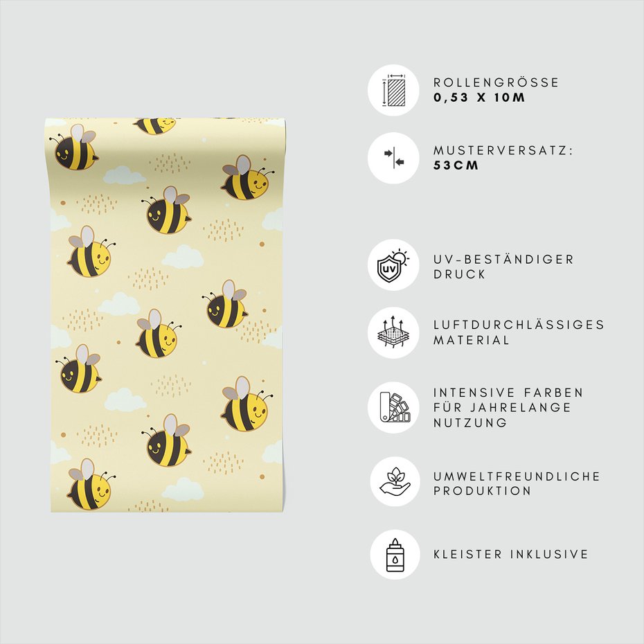 Tapeta - dziecięca, pszczoła, chmura, kropka