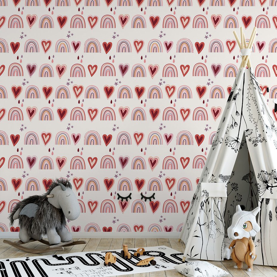 Tapeta - dziecięca, serca, tęcze, gwiazdy