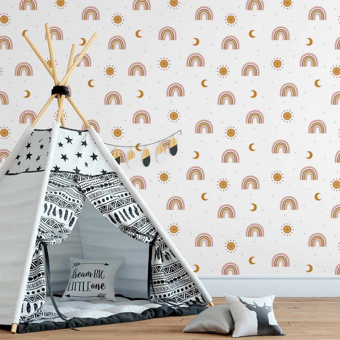 Tapeta - dziecięca, tęcza, słońce, księżyc