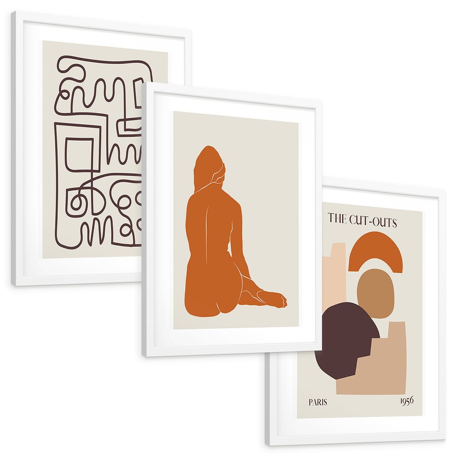 Zestaw obrazy w ramie, plakaty - abstrakcja,linie,figury - rama biała