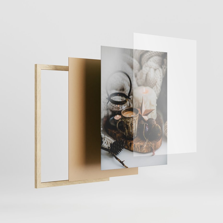 Zestaw obrazy w ramie, plakaty - kawa, świece, dekoracje - rama drewno