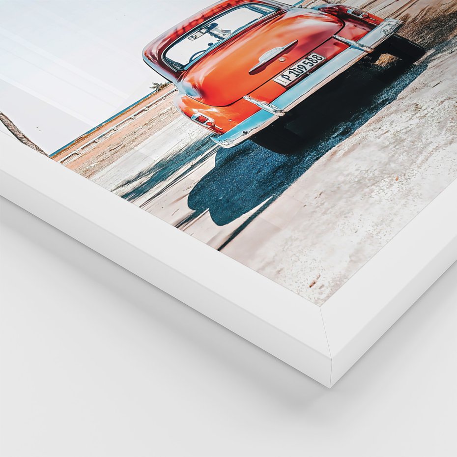 Zestaw obrazy w ramie, plakaty - palmy, samochód, deski surfingowe - rama biała