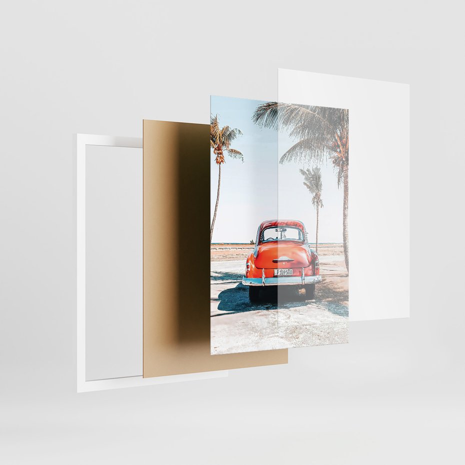 Zestaw obrazy w ramie, plakaty - palmy, samochód, deski surfingowe - rama biała