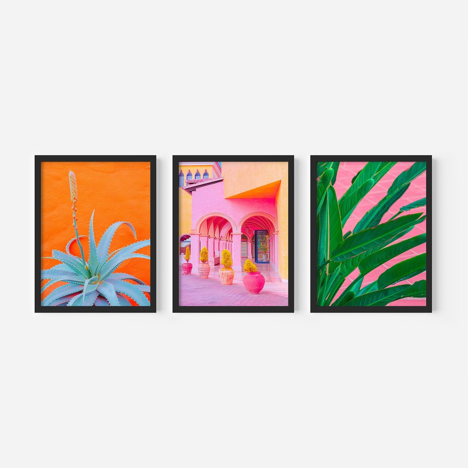 Zestaw obrazy w ramie, plakaty - rośliny, architektura, tropikalne - rama czarna