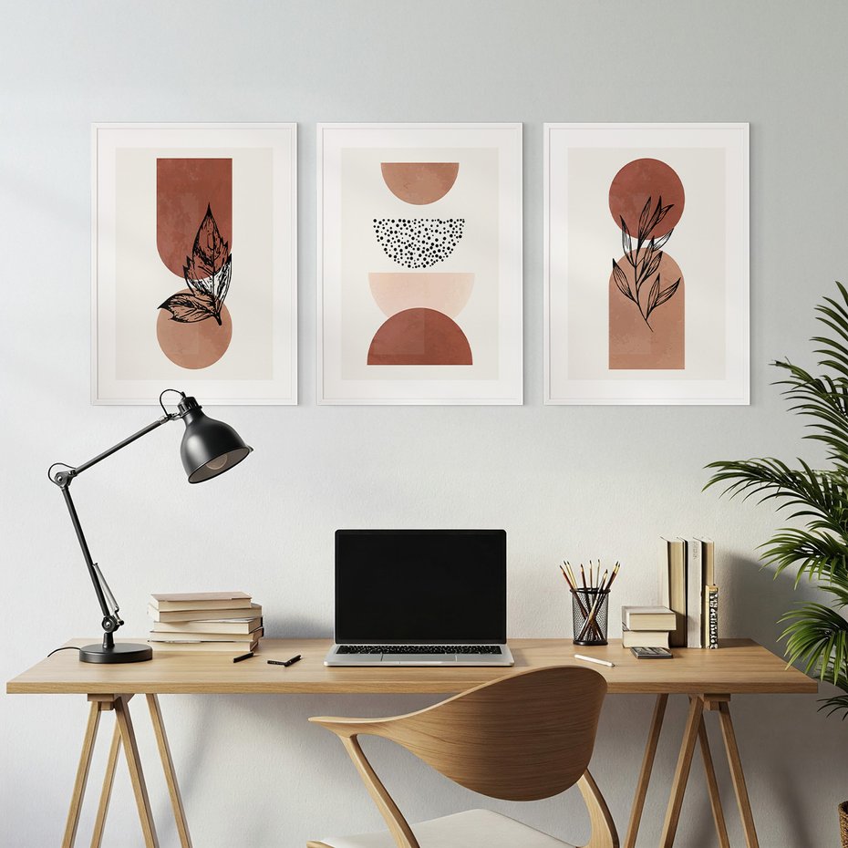 Zestaw obrazy w ramie, plakaty - abstrakcja, liście, kształty - rama biała